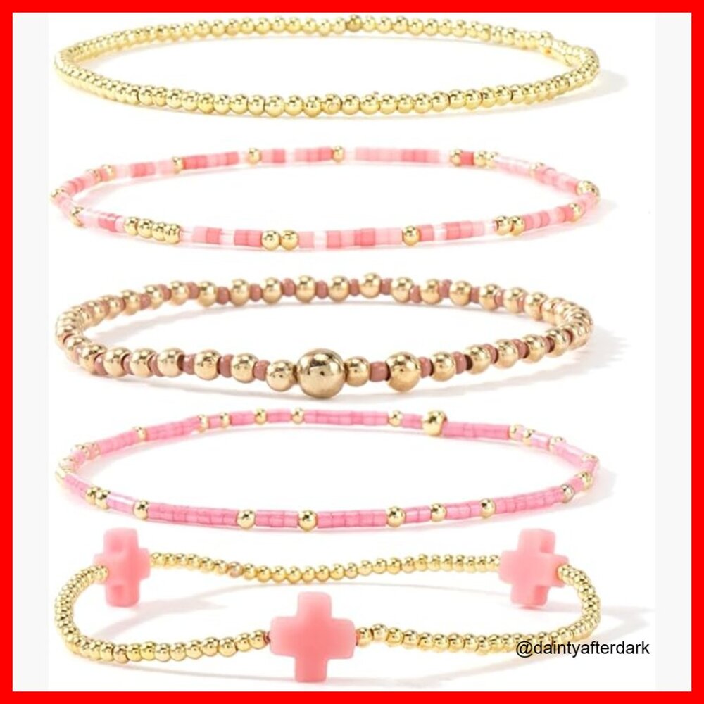 Gold Plated Stretch Bracelets Stack Set Boho Bead… - image 1